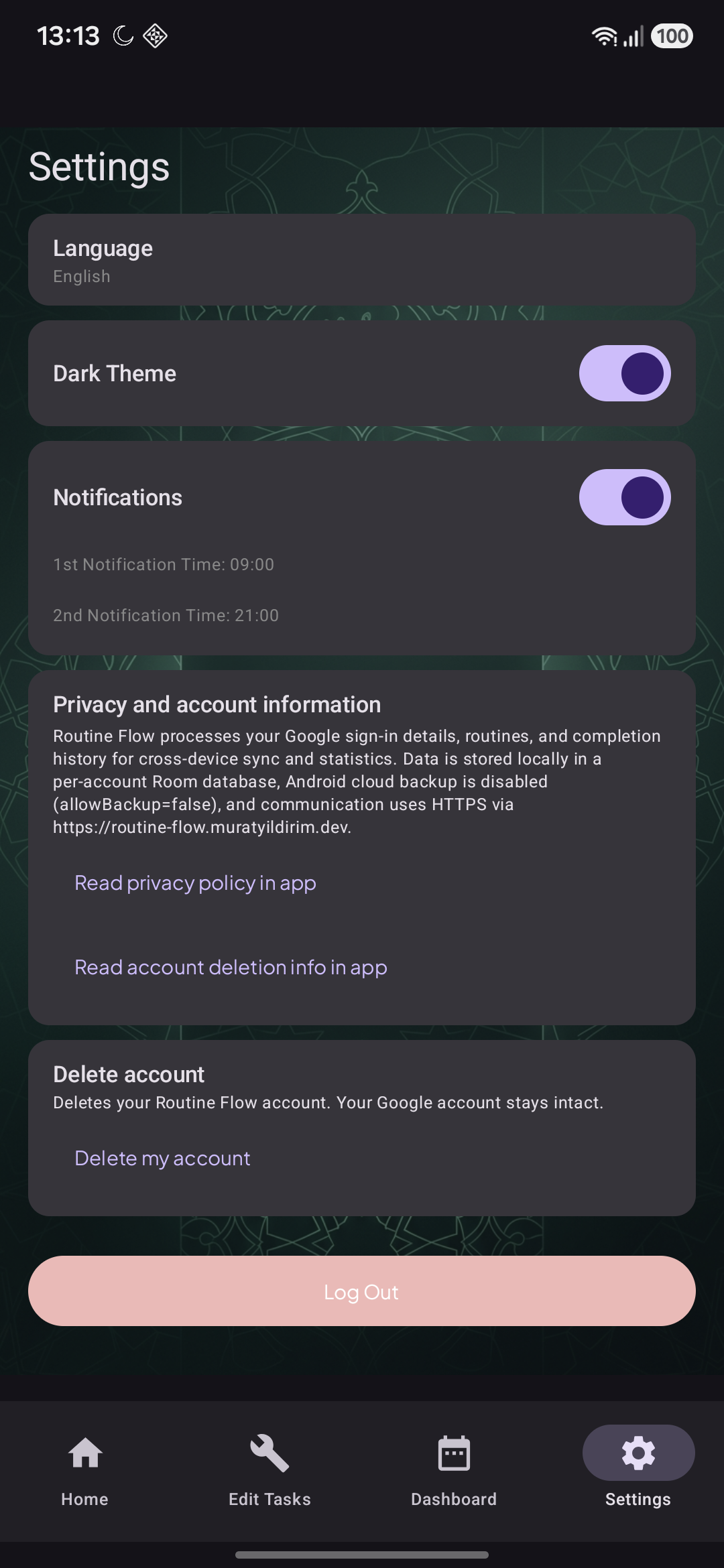 5. Settings (Dark Theme)